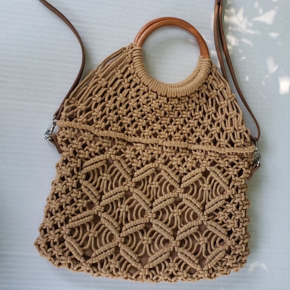 No Brand Handbags - Boho Macrame Wooden Ring Handle Tote Cross Body Zipper Closure